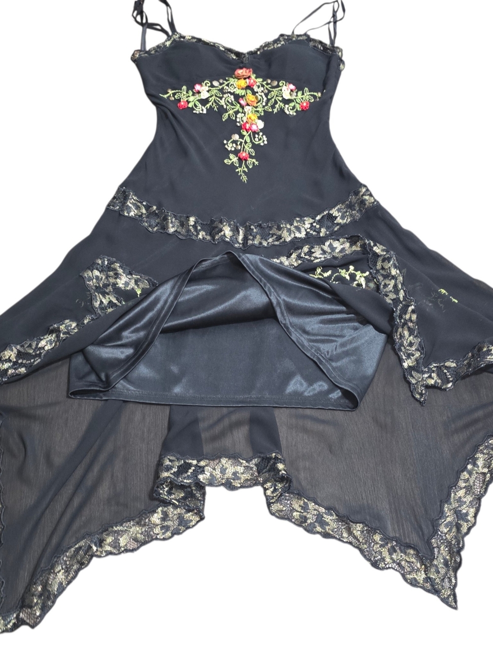 Cache Black Embroidered Floral Slip Dress Lace Handkerchief Hem Fairy Grunge 4 - Picture 9 of 13